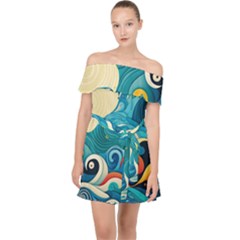 Waves Wave Ocean Sea Abstract Whimsical Off Shoulder Chiffon Dress