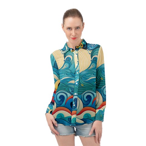 Waves Wave Ocean Sea Abstract Whimsical Long Sleeve Chiffon Shirt by Maspions