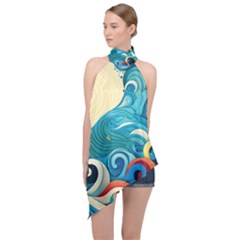 Waves Wave Ocean Sea Abstract Whimsical Halter Asymmetric Satin Top