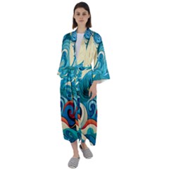 Waves Wave Ocean Sea Abstract Whimsical Maxi Satin Kimono