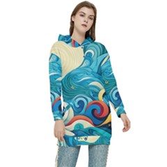 Waves Wave Ocean Sea Abstract Whimsical Women s Long Oversized Pullover Hoodie