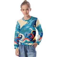 Waves Wave Ocean Sea Abstract Whimsical Kids  Long Sleeve T-shirt With Frill 