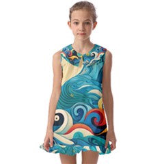 Waves Wave Ocean Sea Abstract Whimsical Kids  Pilgrim Collar Ruffle Hem Dress