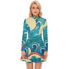 Waves Wave Ocean Sea Abstract Whimsical Long Sleeve Velour Longline Dress