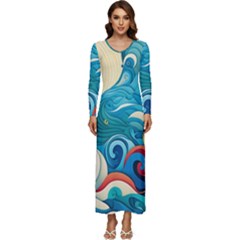 Waves Wave Ocean Sea Abstract Whimsical Long Sleeve Longline Maxi Dress by Maspions