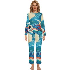 Waves Wave Ocean Sea Abstract Whimsical Womens  Long Sleeve Lightweight Pajamas Set by Maspions