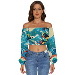 Waves Wave Ocean Sea Abstract Whimsical Long Sleeve Crinkled Weave Crop Top