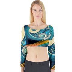 Waves Ocean Sea Abstract Whimsical Art Long Sleeve Crop Top