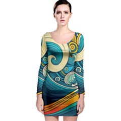 Waves Ocean Sea Abstract Whimsical Art Long Sleeve Bodycon Dress