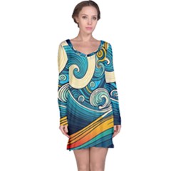 Waves Ocean Sea Abstract Whimsical Art Long Sleeve Nightdress