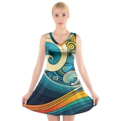 Waves Ocean Sea Abstract Whimsical Art V-neck Sleeveless Dress by Maspions