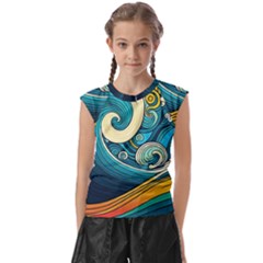 Waves Ocean Sea Abstract Whimsical Art Kids  Raglan Cap Sleeve T-shirt by Maspions