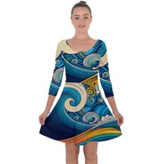 Waves Ocean Sea Abstract Whimsical Art Quarter Sleeve Skater Dress