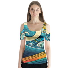 Waves Ocean Sea Abstract Whimsical Art Butterfly Sleeve Cutout T-shirt 