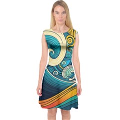 Waves Ocean Sea Abstract Whimsical Art Capsleeve Midi Dress