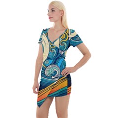 Waves Ocean Sea Abstract Whimsical Art Short Sleeve Asymmetric Mini Dress