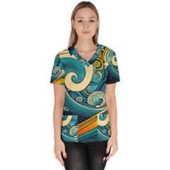 Waves Ocean Sea Abstract Whimsical Art Women s V-neck Scrub Top