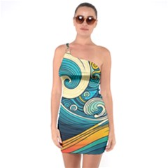 Waves Ocean Sea Abstract Whimsical Art One Shoulder Ring Trim Bodycon Dress