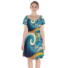 Waves Ocean Sea Abstract Whimsical Art Short Sleeve Bardot Dress by Maspions