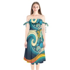 Waves Ocean Sea Abstract Whimsical Art Shoulder Tie Bardot Midi Dress