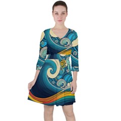 Waves Ocean Sea Abstract Whimsical Art Quarter Sleeve Ruffle Waist Dress