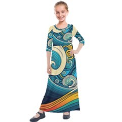 Waves Ocean Sea Abstract Whimsical Art Kids  Quarter Sleeve Maxi Dress by Maspions