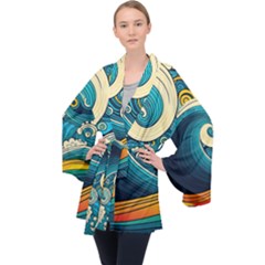 Waves Ocean Sea Abstract Whimsical Art Long Sleeve Velvet Kimono  by Maspions