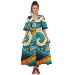 Waves Ocean Sea Abstract Whimsical Art Kimono Sleeve Boho Dress