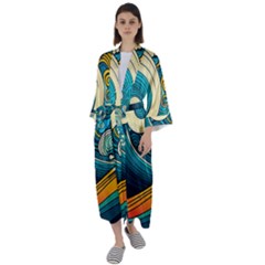 Waves Ocean Sea Abstract Whimsical Art Maxi Satin Kimono