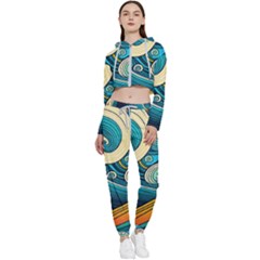 Waves Ocean Sea Abstract Whimsical Art Cropped Zip Up Lounge Set