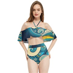 Waves Ocean Sea Abstract Whimsical Art Halter Flowy Bikini Set  by Maspions