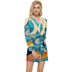 Waves Ocean Sea Abstract Whimsical Art Long Sleeve Satin Robe