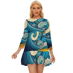 Waves Ocean Sea Abstract Whimsical Art Long Sleeve Babydoll Dress