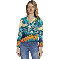 Waves Ocean Sea Abstract Whimsical Art Women s Long Sleeve Revers Collar Cropped Jacket by Maspions