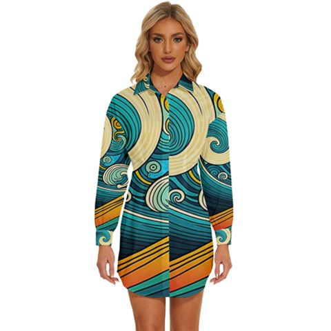 Waves Ocean Sea Abstract Whimsical Art Womens Long Sleeve Shirt Dress by Maspions