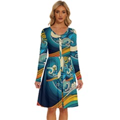 Waves Ocean Sea Abstract Whimsical Art Long Sleeve Dress With Pocket