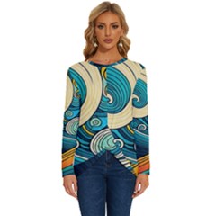 Waves Ocean Sea Abstract Whimsical Art Long Sleeve Crew Neck Pullover Top by Maspions