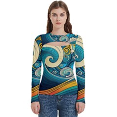 Waves Ocean Sea Abstract Whimsical Art Women s Cut Out Long Sleeve T-shirt by Maspions