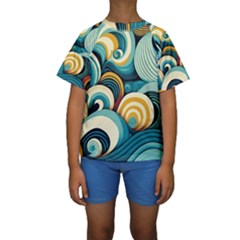 Wave Waves Ocean Sea Abstract Whimsical Kids  Short Sleeve Swimwear