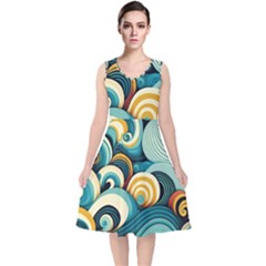 Wave Waves Ocean Sea Abstract Whimsical V-neck Midi Sleeveless Dress 