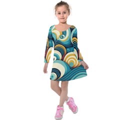 Wave Waves Ocean Sea Abstract Whimsical Kids  Long Sleeve Velvet Dress