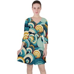 Wave Waves Ocean Sea Abstract Whimsical Quarter Sleeve Ruffle Waist Dress by Maspions