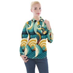 Wave Waves Ocean Sea Abstract Whimsical Women s Long Sleeve Pocket Shirt