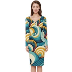 Wave Waves Ocean Sea Abstract Whimsical Long Sleeve V-neck Bodycon Dress 