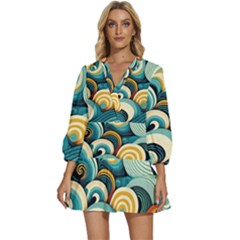 Wave Waves Ocean Sea Abstract Whimsical V-neck Placket Mini Dress