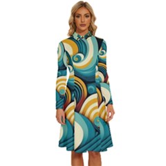 Wave Waves Ocean Sea Abstract Whimsical Long Sleeve Shirt Collar A-line Dress by Maspions