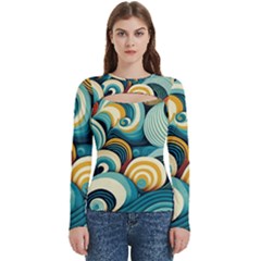 Wave Waves Ocean Sea Abstract Whimsical Women s Cut Out Long Sleeve T-shirt by Maspions