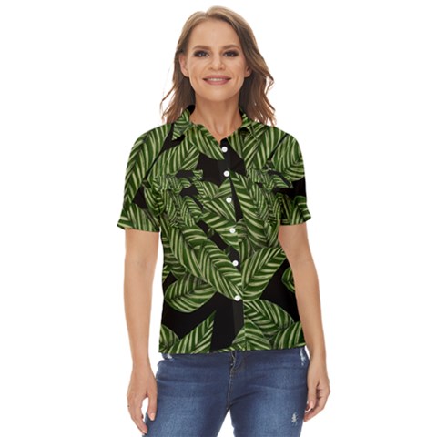 Background Pattern Leaves Texture Women s Short Sleeve Double Pocket Shirt by Maspions