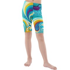 Abstract Waves Ocean Sea Whimsical Kids  Mid Length Swim Shorts