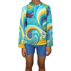 Abstract Waves Ocean Sea Whimsical Kids  Long Sleeve Swimwear